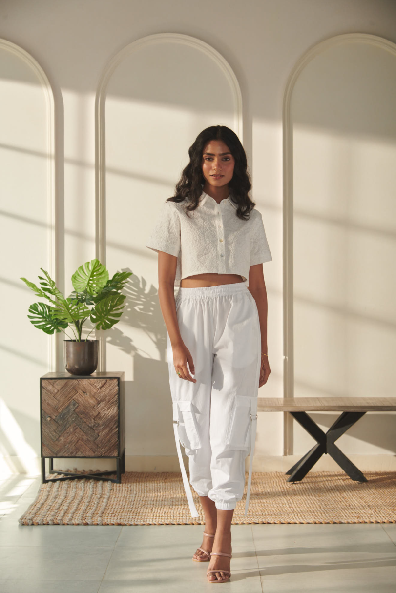 Tenaya Co-Ord Set - White - Short Shirt - Cotton Pant