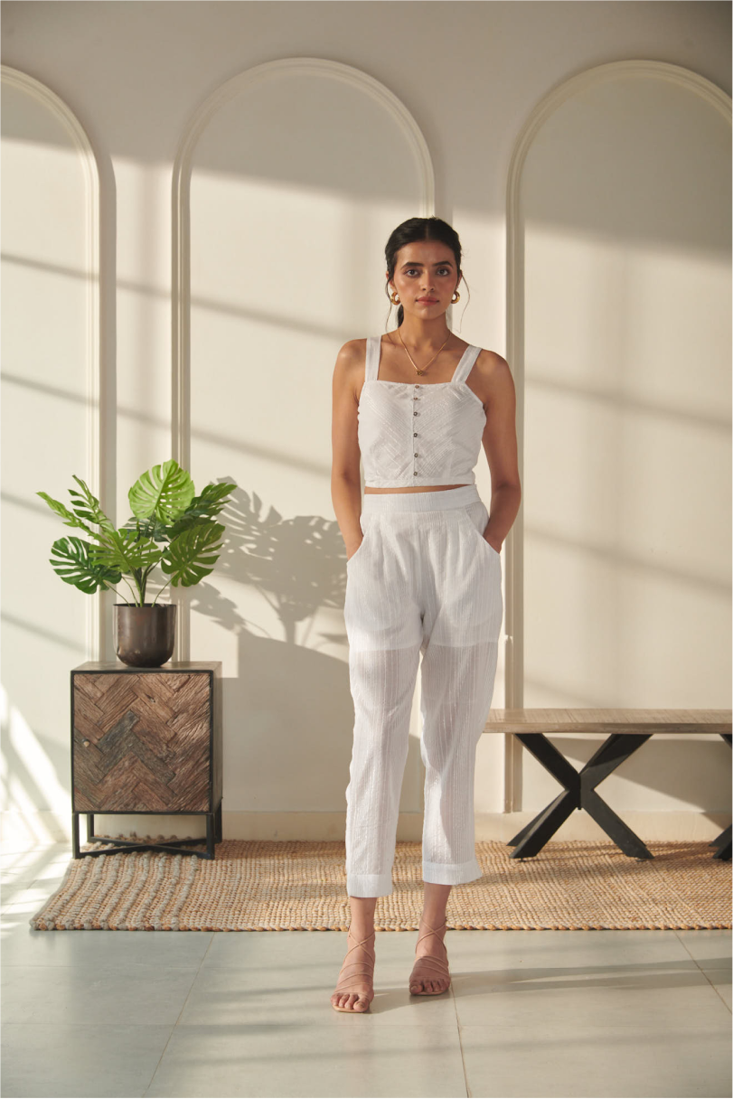 Tenaya Co-Ord Set - White - Short Top - Cotton Pant