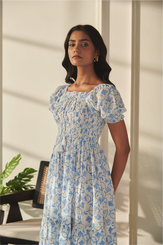 Navya Dress - Off White & Blue