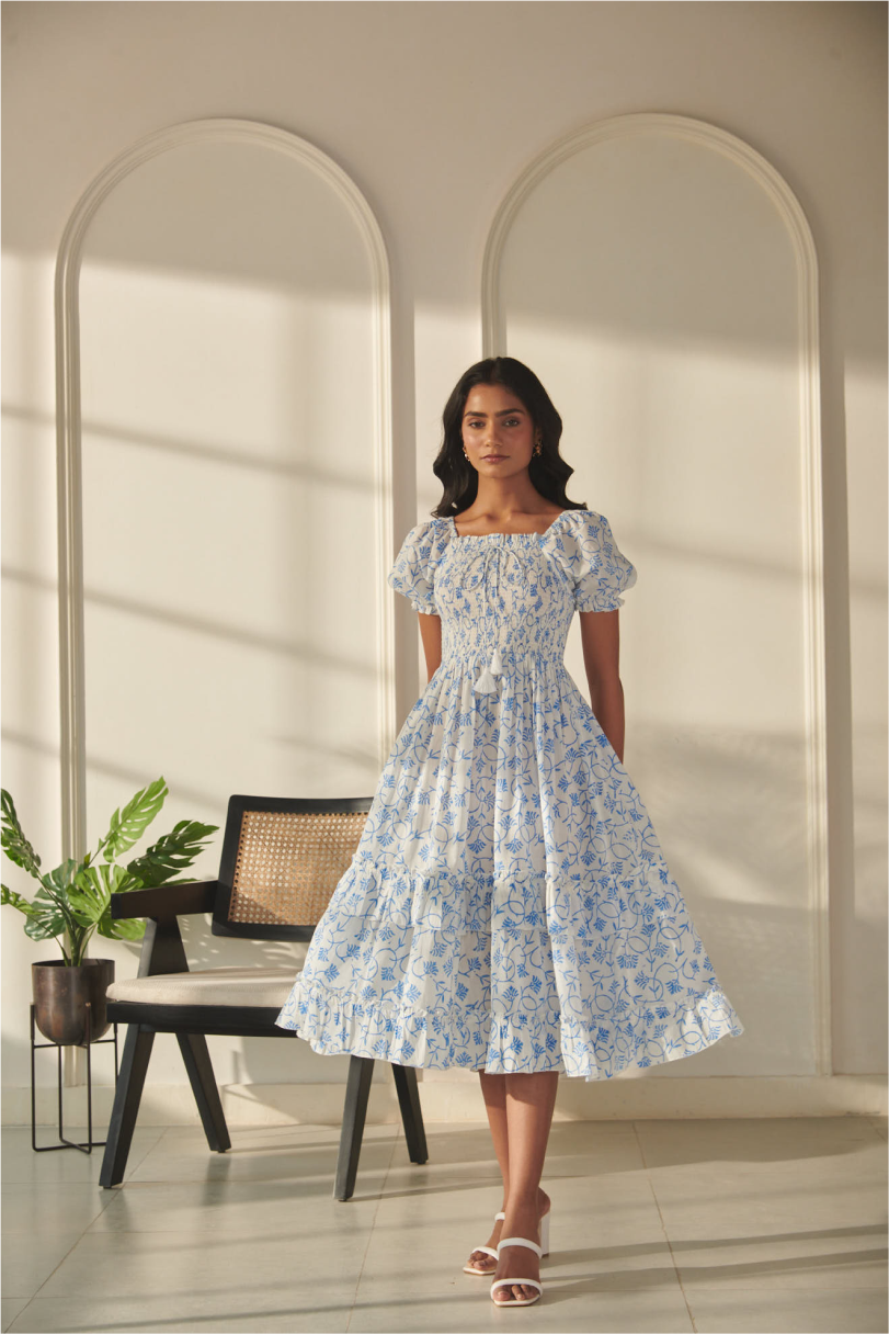 Navya Dress - Off White & Blue