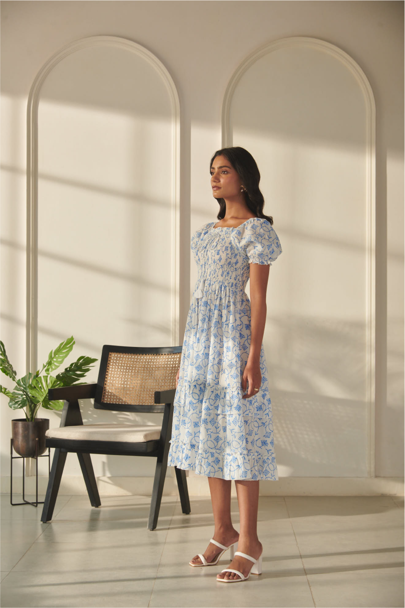 Navya Dress - Off White & Blue