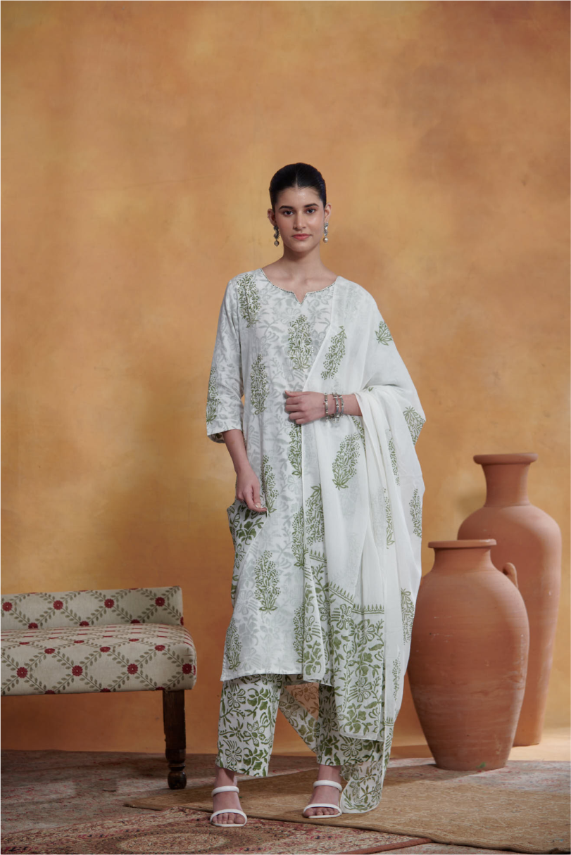 Ira Kurta Set - Off White - Green