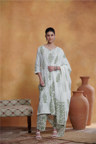 Ira Kurta Set - Off White - Green