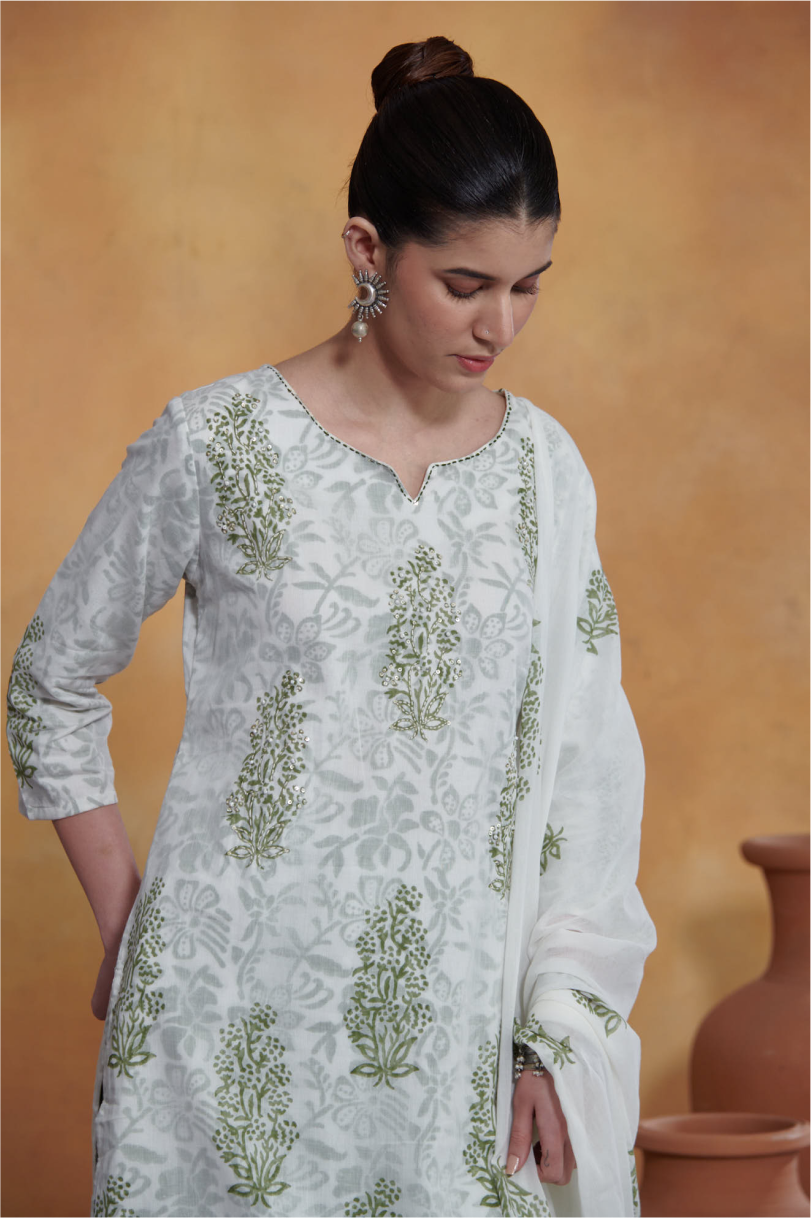 Ira Kurta Set - Off White - Green