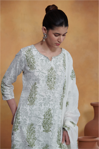 Ira Kurta Set - Off White - Green