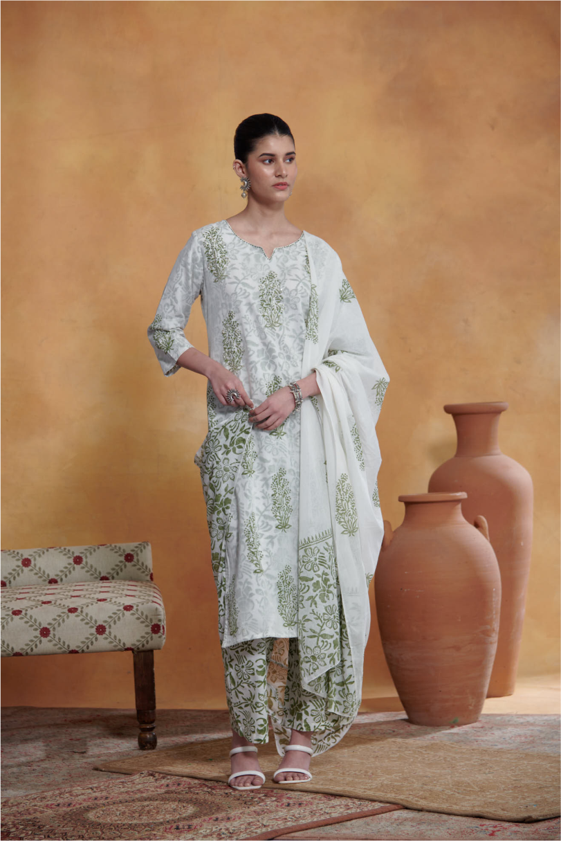 Ira Kurta Set - Off White - Green