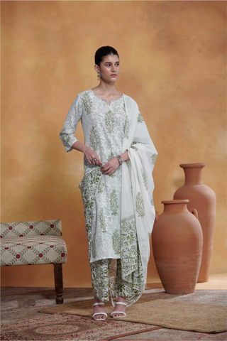 Ira Kurta Set - Off White - Green