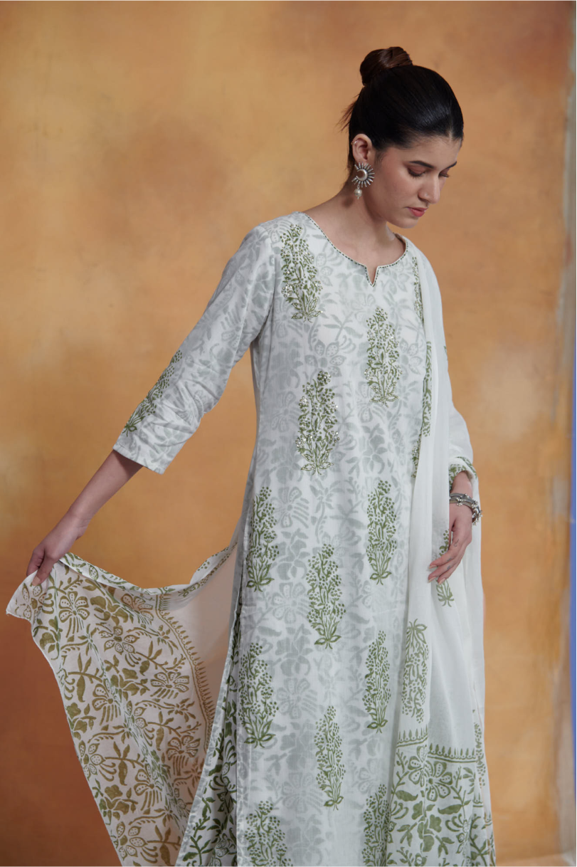 Ira Kurta Set - Off White - Green