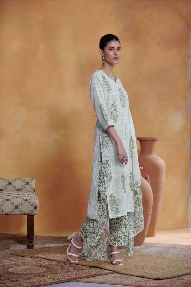 Ira Kurta Set - Off White - Green
