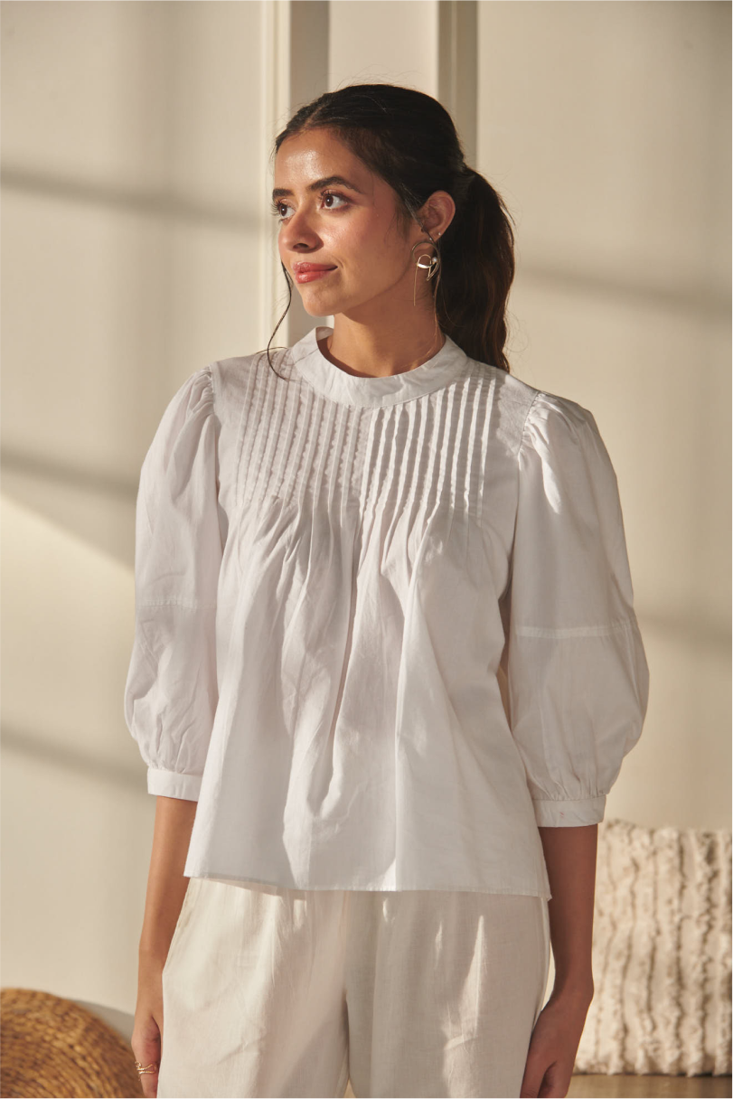 Eshana Top - White - Poplin Top - Puffed Sleeve